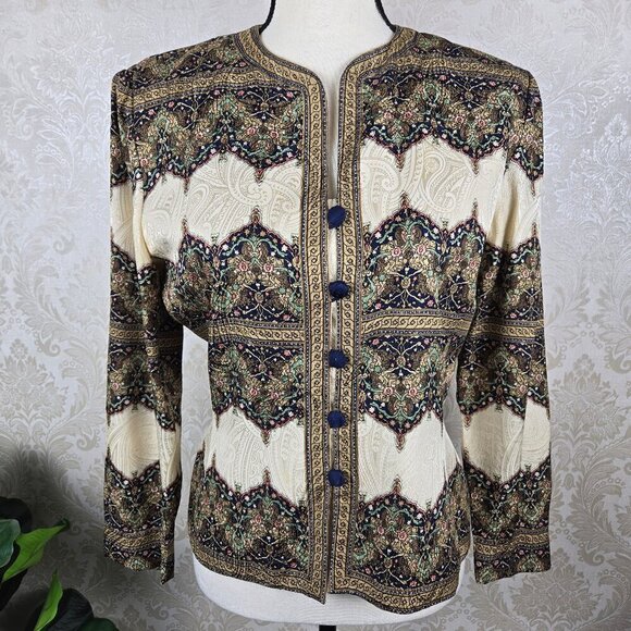 Adrianna Papell Size 4 Cream/Tan Patterned Jacket 100% Silk Button Front Closure - Picture 1 of 13